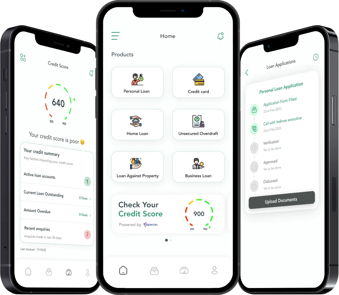 Screens for credit score, homepage, and track your loan applications on the top loan facilitator app, Indirow.